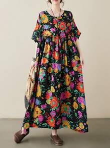 Tops Chinese Spring Festival, 2026 Boho Style Plus Size Casual Holiday Beach Dress, Summer Fake Japanese Yen Collar Shoulder Sleeved Loose Skirt Short Sleeved Dress, - Black - View 3