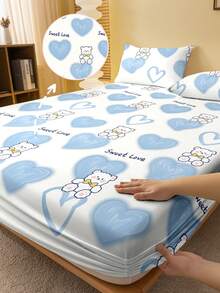 1pc Cute Cartoon Bear Heart Geometric Blue Bear Print Brushed Fitted Sheet, Bedroom Printed Bed Cover, Mattress Cover, Mattress Protector, Dust Cover, Bedding (Excluding Pillow Case) - Multicolor - View 1