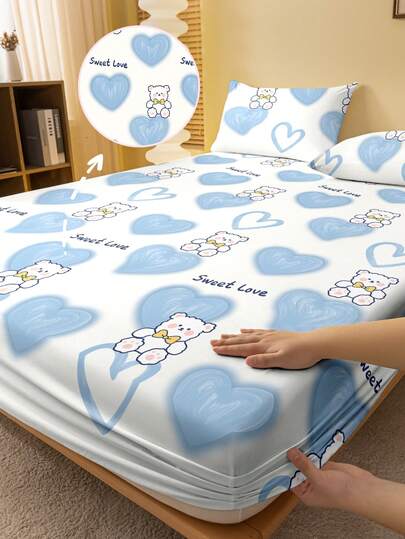 1pc Cute Cartoon Bear Heart Geometric Blue Bear Print Brushed Fitted Sheet, Bedroom Printed Bed Cover, Mattress Cover, Mattress Protector, Dust Cover, Bedding (Excluding Pillow Case)