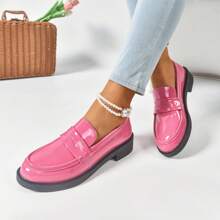 Women's Loafers, Casual Loafers, Versatile Loafers, Non-Slip Loafers, Glossy Leather Loafers, Classic Style, Versatile, Suitable For All Seasons - Pink - View 4