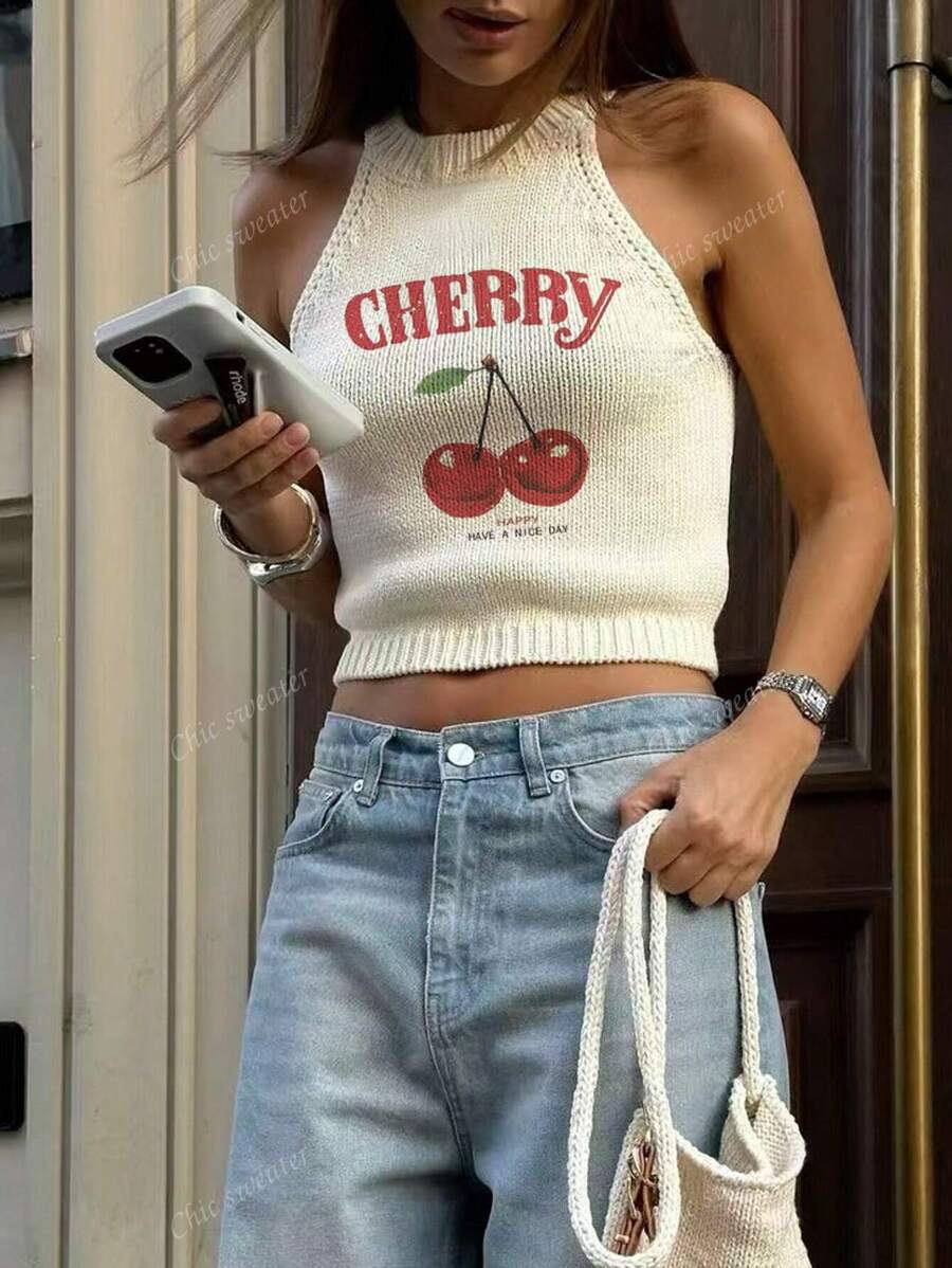 Nouveau Top pour femmes à col rond blanc avec motif imprimé de cerises pour le printemps et l'été. Simple et élégant, convient pour le travail. Top d'été pour femmes