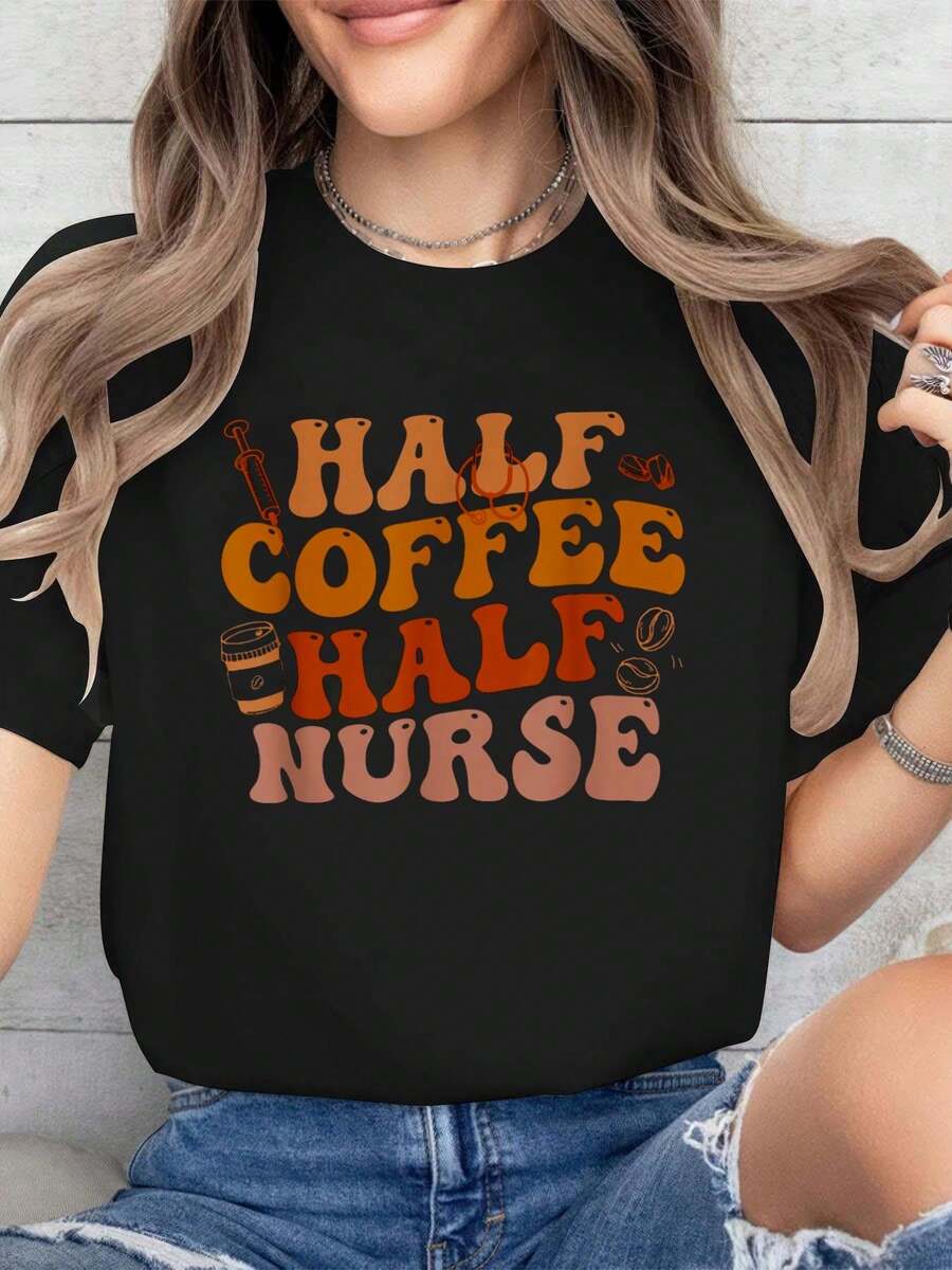 Half Coffee Half Nurse Groovy Colors RN LPN Medical Staffs Cotton Printed T-Shirt For Summer, Soft Women's Short Sleeve Top, Fashionable And Comfortable Graphic Tee - 黑色 - 查看 1