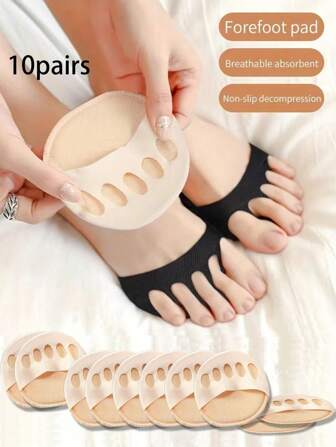 10 Pairs Women High Heel Cushion Socks, Soft Elastic Breathable Socks For Ladies Daily Wear, Simple Comfortable Neutral Toe Socks, Ladies Forefoot Socks, Women Five-Finger Socks