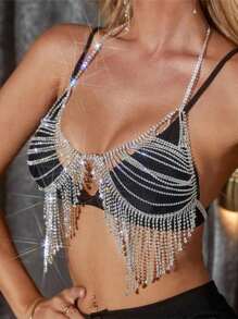 1pc Fashionable Hot-Selling Rhinestone Fringe Sexy Women's Bikini Body Chain, Shiny Crystal Exaggerated Spaghetti Strap Bra Chain, Beach Jewelry - Gold - View 2
