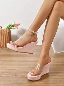 Women's Fashion Butterfly & Floral Decor Mules Transparent Wedge Sandals, Vacation Style Summer Pink Transparent Wedge Sandals, Open Toe Design, Suitable For Young Ladies, Party, Wedding, Vacation, Attendance, Banquet, Fashion Show