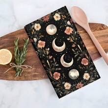 1set/2pcs Bohemian Floral Moon Pattern Towel - Super Soft Polyester, Machine Washable, Vintage Coffee Table Theme, Woven Rectangular Kitchen/Bathroom/Napkins, Home Decor, Ideal Gift For Coffee Lovers, Gift, Perfect For Holiday Party Decorations