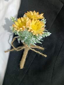 1 件男女通用菊花多肉植物植绒白霜绿叶派对婚礼伴娘伴郎胸花，清新花卉翻领别针 - 彩色 - 查看 3