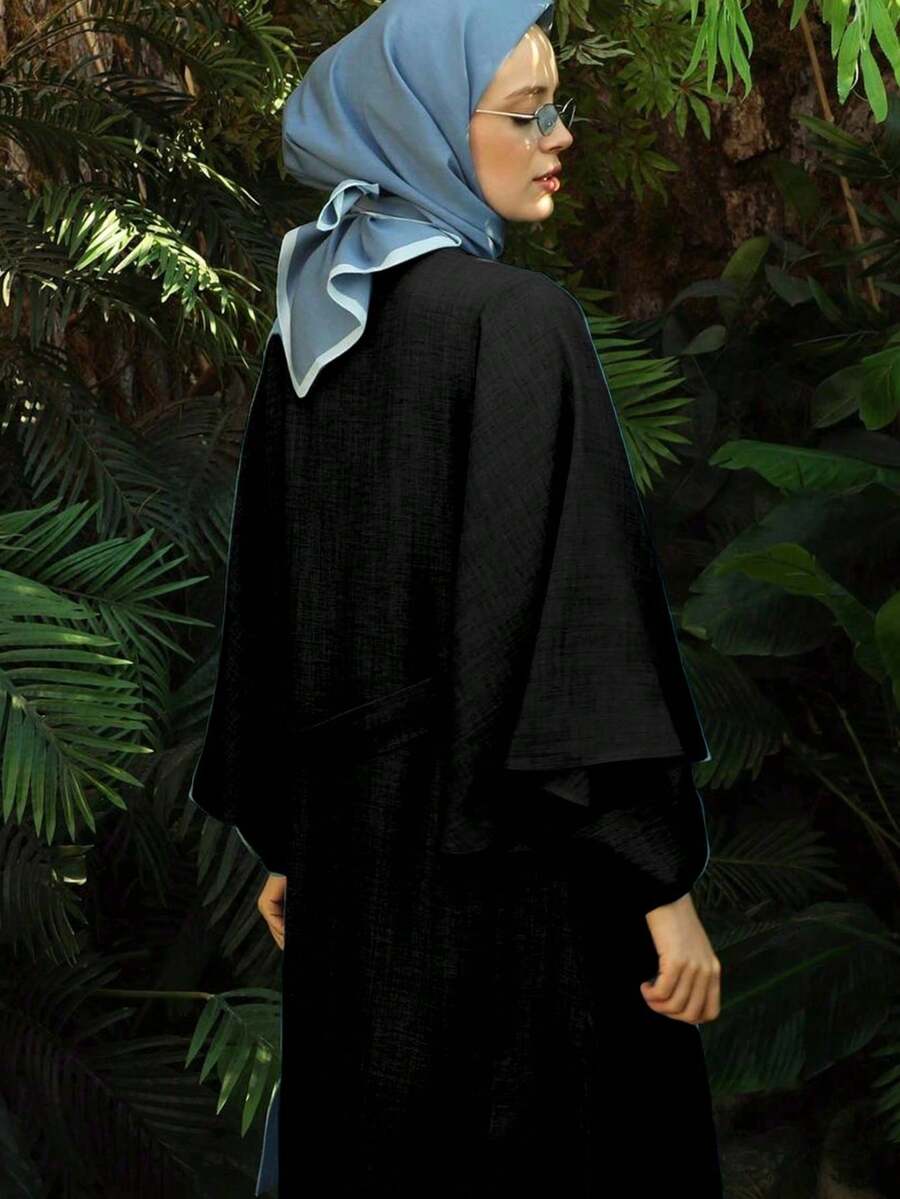 2 pièces Robe d'abaya élégante et décontractée pour femmes, à manches longues, de couleur unie - Noir - Voir 1