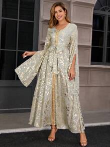 Women's Muslim Robe Ramadan Eid Party Robe Chiffon Gilded Flowers Embroidery Gold Lace Long Sleeve Floor Length Dress (With Belt) - Green - View 5