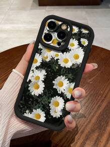 Summer 1pc Minimalist White Daisy Flower Pattern IPhone 16 Case, Luxury Black Full Body Protective Shock-Proof TPU Thick Phone Case