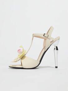 Sandales à talons hauts à bout ouvert pour femmes avec décor floral 3D, talons fins, beige, sexy, , élégantes pour les fêtes et événements