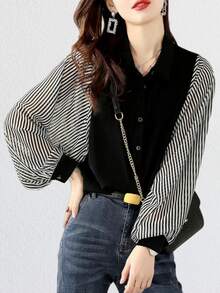 YUXIN Áo kiểu Hàn Quốc phối sọc, tay phồng, chất liệu chiffon, dáng rộng, thích hợp mặc hàng ngày, thích hợp mặc thường ngày, dành cho nữ, mùa xuân/hè 2025. - sọc - Xem 3