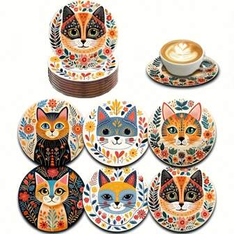 Set de 6 posavasos de madera con diseño de gato en estilo bohemio, decorativos y adecuados para café, té y bebidas - Opción ideal para el hogar, la cafetería, el regalo de inauguración de la casa, un regalo perfecto para padres y amigos