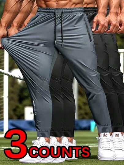 3pcs Pack High Stretch Sports 3/4 Pants Men, Zipper Pocket Elastic Waist Cuffed Jogger Pants For Casual, Sports, Fitness, Jogging, With Reflective Trim