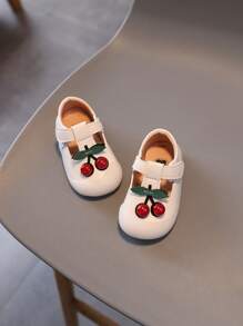 1 Pair Girls Fashion Bow & Cherry Decor PU Soft Comfortable Loose Lightweight Round Toe Flat Shoes, Non-Slip Cute Kids Infant Shoes For Spring, Summer, Autumn, Winter