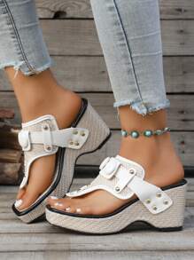 Women's Summer Square Toe Strap Buckle Outdoor Wear-Resistant Anti-Slip Rivet Roman Style Fashion Casual Wedge Platform Sandals