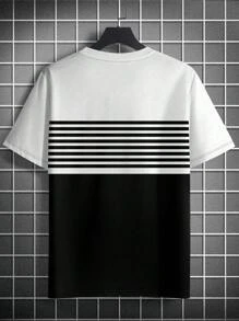 Tricou pentru bărbați, de vară, cu dungi alb-negru, lejer, cu gât crew - Alb-negru - Vizualizare 2