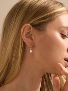 Pearl Earrings For Women, Dainty Gold Earrings 14K Gold Plated Pearl Drop Earrings Cute Pearl Hoop Earrings Hypoallergenic Dangle Pearl Earrings For Women Wedding Earrings For Brides