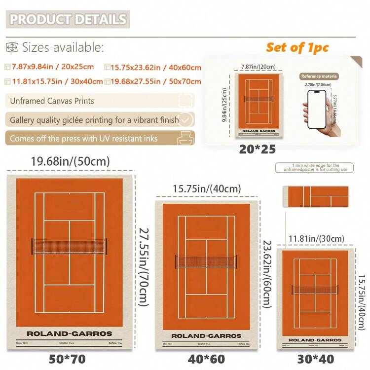 1 pieza, Imagen colgante de lienzo, Enmarcada, Póster, Arte de pared, Impresión artística en lienzo de la cancha de tenis de Roland-Garros - Arte decorativo moderno clásico para colgar en pared en el hogar, oficina, sala de estar, dormitorio, resistente al agua, tema de dibujos animados, primavera-verano - Multicolor - Añade 3