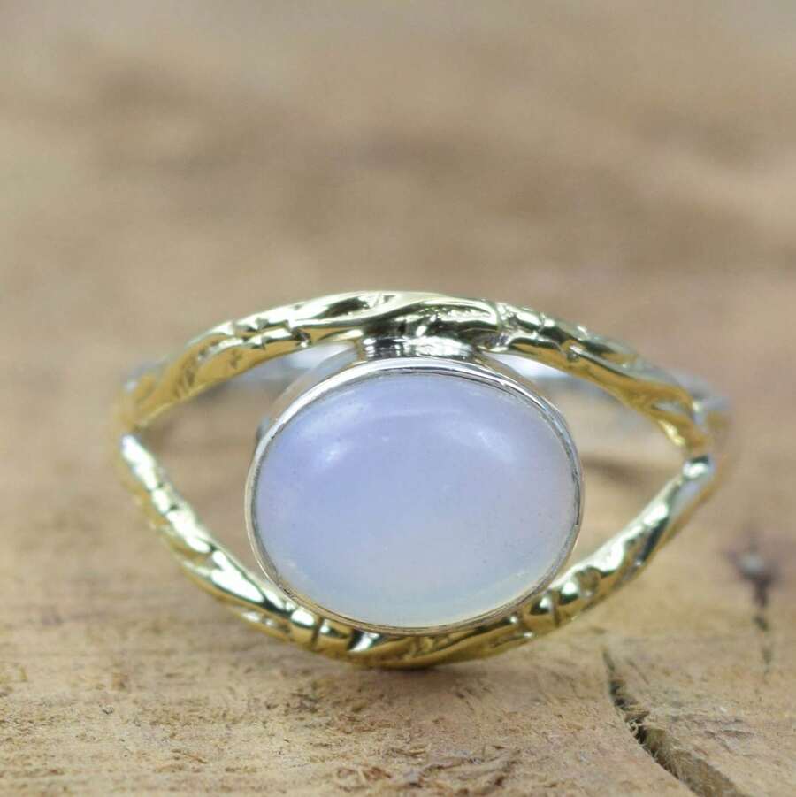 925 Sterling Silver And Brass Onyx Gemstone Jewelry Ring ~ December Month Birthstone ~ Natural Crystal Gemstone Ring ~ Gift For Valentine Day - 乳白色蛋白石 - 查看 1