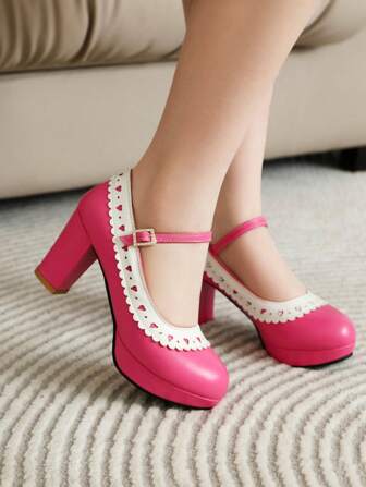 Korean Sweet Buckle Strap Chunky Heel Brogue Shoes, Princess Ballet Flats, Versatile & Comfortable For Women