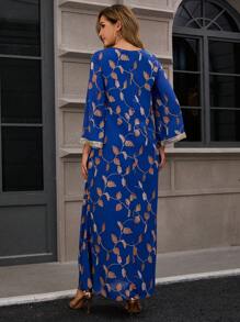 Women's Printed Dress Evening Long Dress With Embroidered Lace V Neck Robe Dubai Morocco - Blue - View 2