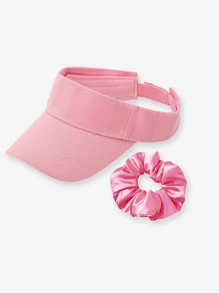 2pcs Kids Solid Color Visor Hats & Hair Scrunchie Set, 1pc Sun Protection Visor Cap & 1pc Large Scrunchie, Suitable For Daily Outdoor Use, Gift