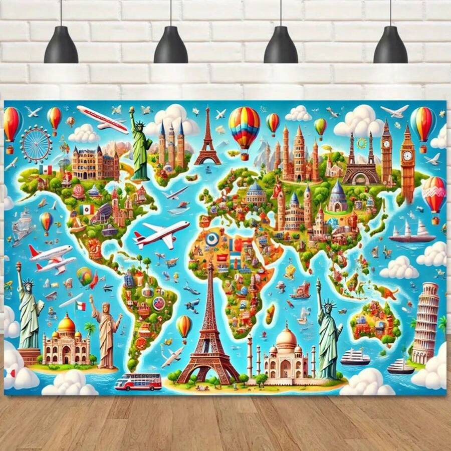 1pc Vibrant World Map Landmark Polyester Backdrop, Suitable For Birthday Party, Photo Booth And Outdoor Celebrations, Colorful Global Icon Design, No Power Needed, Multipurpose Photography Background - Multicolor - View 1