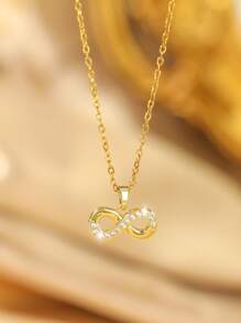 3 件/套优雅时尚的方晶锆石镶嵌心形、数字 8、蝴蝶结装饰金链不锈钢项链，奢华珠宝礼物，适合女性，母亲节礼物 - 金黃色 - 查看 3