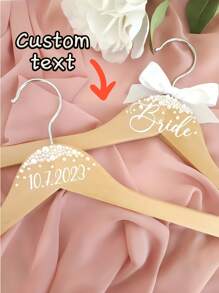 1pc Customized Wooden Wedding Bride Hanger, Personalized Customize Text Wooden Pearl Hanger Decoration, Customized Name Carving Wooden Hanger, Paired With Elegant White Bow And Pearl Embellishment, Wedding Dress Custom Hanger - Multicolor - View 2