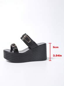 女士时尚系带镂空优雅厚底一脚蹬凉鞋，百搭适合夏季度假、日常、聚会、购物，舒适坡跟鞋 - 黑色 - 查看 8