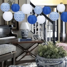 12 Peças Lanternas de Papel com Desenho Tradicional Chinês em Porcelana Azul e Branca, Adequadas para Festivais, Festas e Decoração Doméstica
