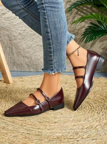 Xin Jing Shoes 女士平底鞋，时尚扣环休闲平底一脚蹬鞋，适合通勤和休闲 - 酒紅色 - 查看 5