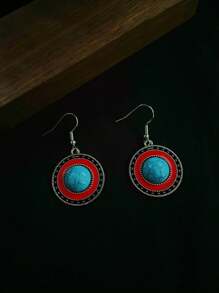 复古绿松石耳环，波西米亚风格合金时尚耳环，女士 - 綠松石 - 查看 2