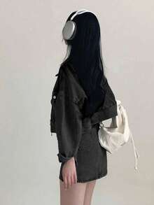 2025新款时尚休闲百搭短款牛仔两件套 - 黑色 - 查看 3