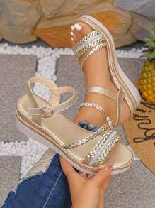 女士时尚舒适金色 PU 编织带坡跟凉鞋，适合日常穿着户外旅行，优雅时尚百搭厚底凉鞋