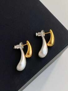 独家限量款优雅金属水滴形前后耳环，时尚简约百搭女士耳环，泪滴造型圣诞礼物 - 金色 - 查看 3