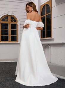 Damen Satin Off-Shoulder Hochzeitskleid mit abnehmbaren Spitzen-Kurzärmeln, bodenlang, Brautkleid