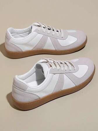 2025 Spring New Arrival Women Casual Sport Shoes, Beige Color, Fashionable Lightweight & Comfortable, Non-Slip Rubber Sole, Lace-Up, Suitable For Outdoor, College Style, Flat Sneakers, All Season