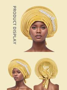 1pc Women's Headscarf, Handmade African Style Shiny Silk Layered Solid Color Rhinestone Heavy Industry Pullover Hat, Fashionable And Comfortable Headscarf Hat