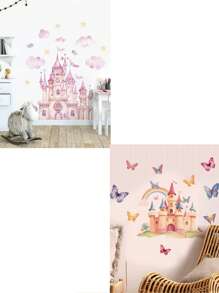 1 件粉色云朵、小鸟、星星、城堡墙贴，卧室、小女孩、儿童房，柔软可爱的墙面装饰，可撕可贴，生日毕业礼物，个性化贴纸 - 粉色 - 查看 13