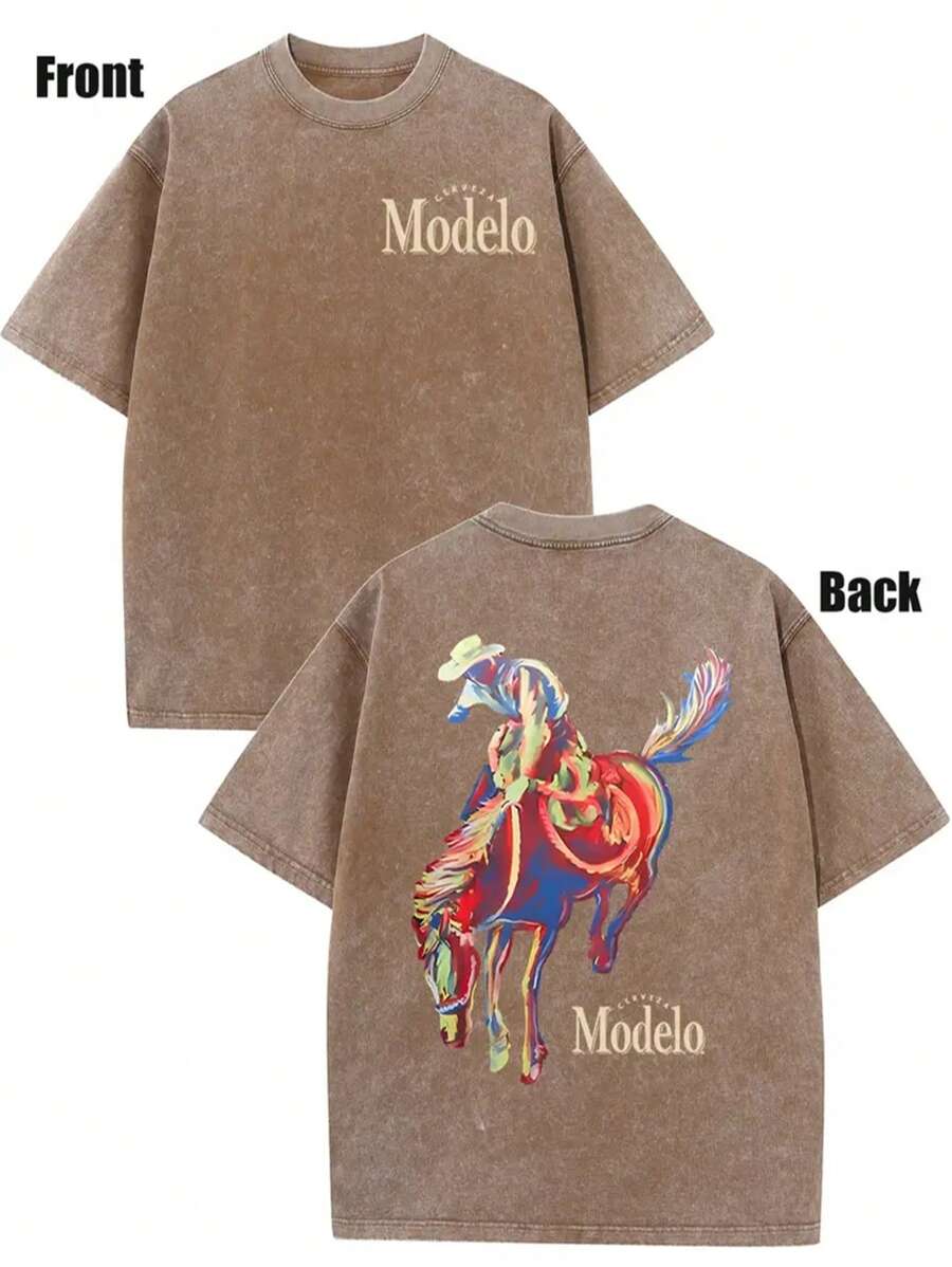 Western Cowboy Riding Printed Batik Washed T-Shirt, Simple And Versatile. - Màu Khaki - Xem 1