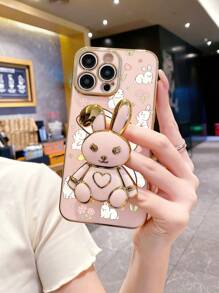 1 stuk hoogwaardig roze gegalvaniseerd telefoonhoesje, effen kleur, schattig konijnencartoon, opvouwbare standaard, volledig dekkende beschermhoes met standaard, compatibel met 16 Pro Max/ 11/ 13/ 15 Pro Max/Apple-serie, S24 Ultra/S23 Ultra/Galaxy A05S/A15 5G/Galaxy A54/serie, Redmi Note 13 4G/Redmi Note 13 Pro 4G/serie