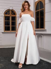 Damen Satin Off-Shoulder Hochzeitskleid mit abnehmbaren Spitzen-Kurzärmeln, bodenlang, Brautkleid