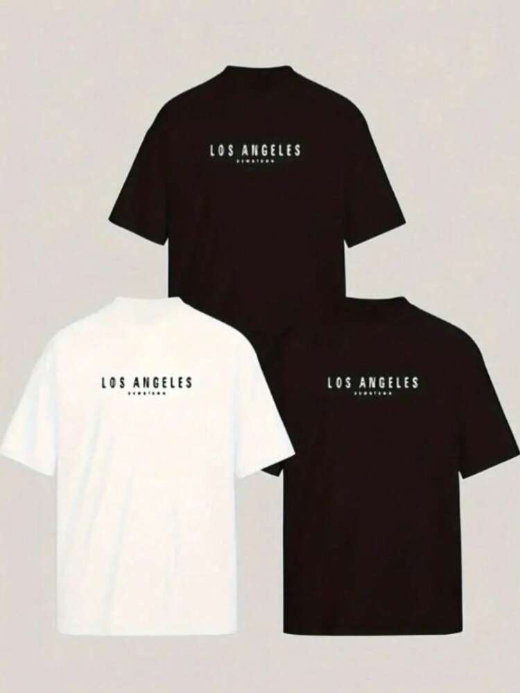 Kit 3 Men's T-Shirt LOS ANGELES Unisex Shirt Cotton Premium Blouse New Release - 黑與白 - 查看 1