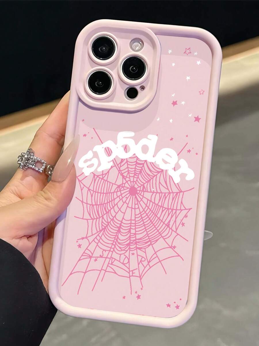 Pink 1pc New Creative Letter & Cobweb Pattern Phone Case, Compatible With Apple 16 Pro Max, 11/12/13/14 Plus, XR/7/8 Plus/15 PM, Protective Cover Waterproof Shockproof Anti-Fall Scratch Resistant - Light Pink - View 1