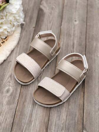 Soft Cork Flat Sandals, Comfortable Lightweight Casual Hook-And-Loop Open Toe Beach Shoes For Girls