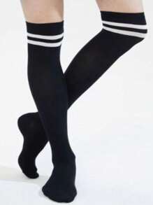 1 Pair Women High Elastic Solid Color & Striped Over-The-Knee Socks, Suitable For School, Commuting, Home, Party, Dating, Holiday Gift - Black and White - View 4