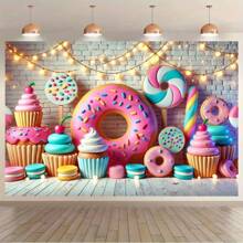Fondo temático de dulces vibrantes con rosquilla gigante y cápsulas de magdalenas coloridas - Decoración de pared de poliéster para sala de estar, dormitorio, oficina, hogar | Excelente para fiesta, decoración al aire libre y festiva - Multicolor (multicolor) - Ver 7