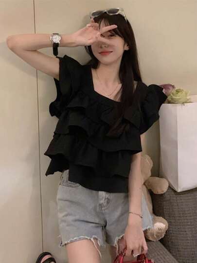 Women's Solid Color Multi-Layer Ruffle Collar Sleeveless Blouse Black Summer